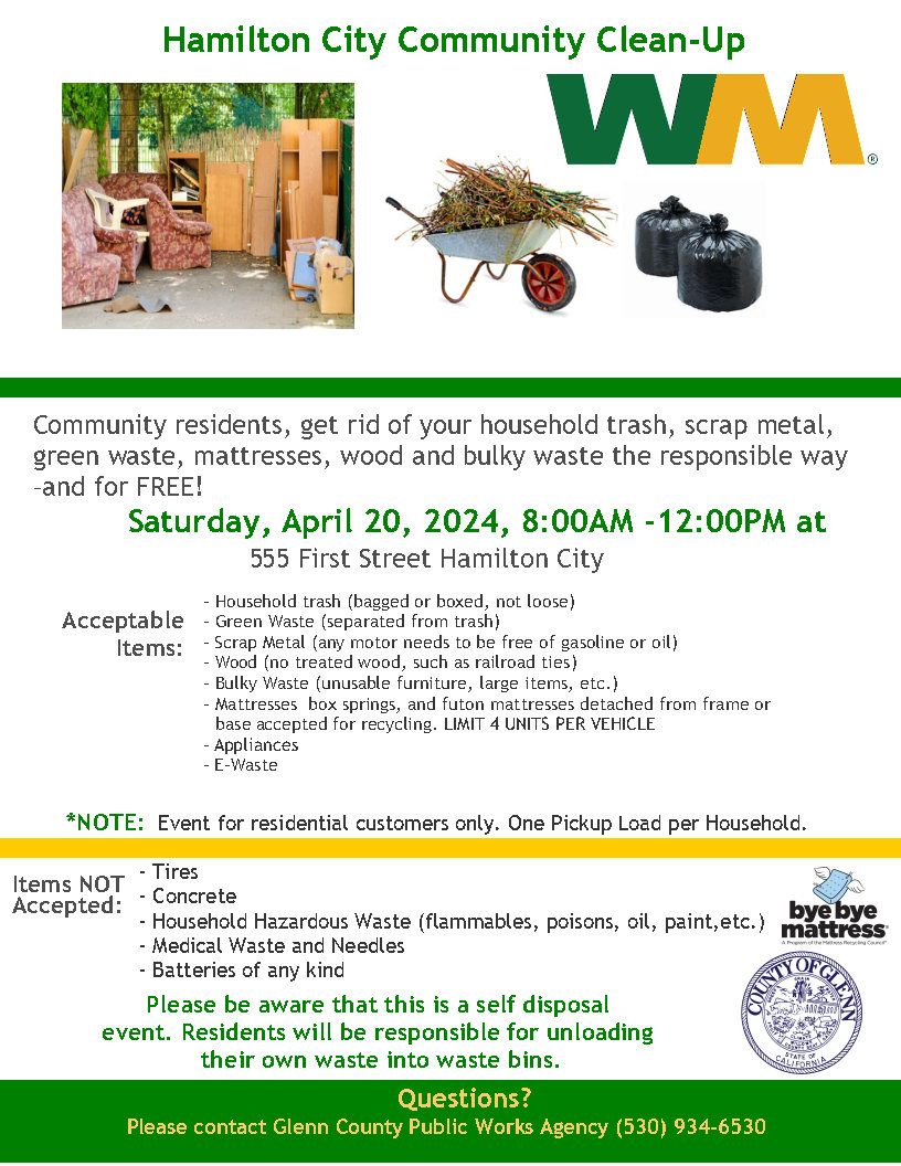 Hamilton City Clean Up Day Flyer - Saturday, April 20, 2024