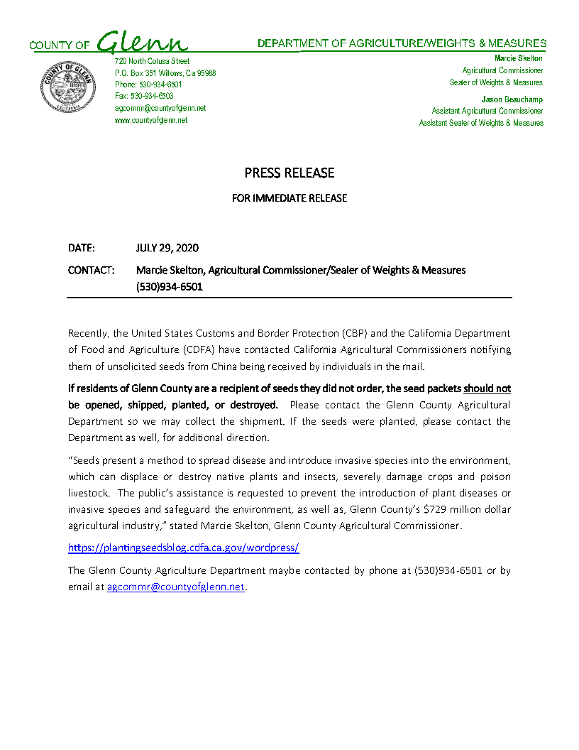 Glenn County Department of Agriculture - Press Release - Mysterious Seed Shipments